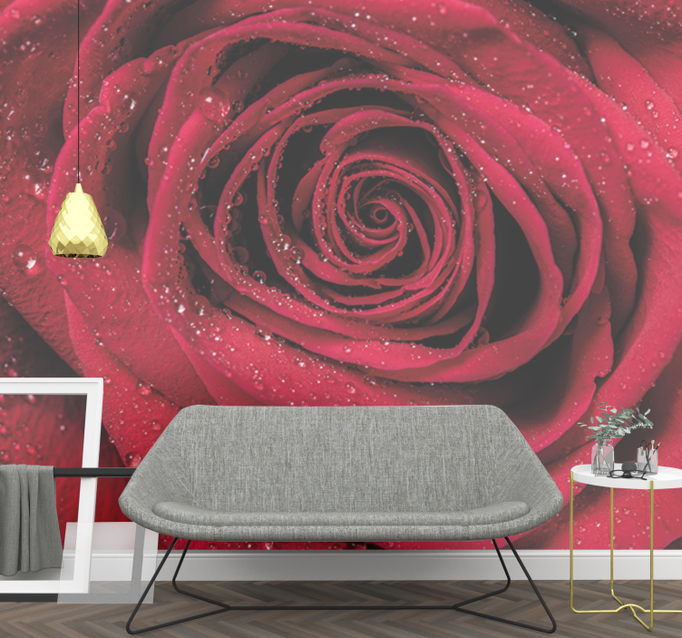 Mural de pared flores rosa con gotas de agua - TenVinilo