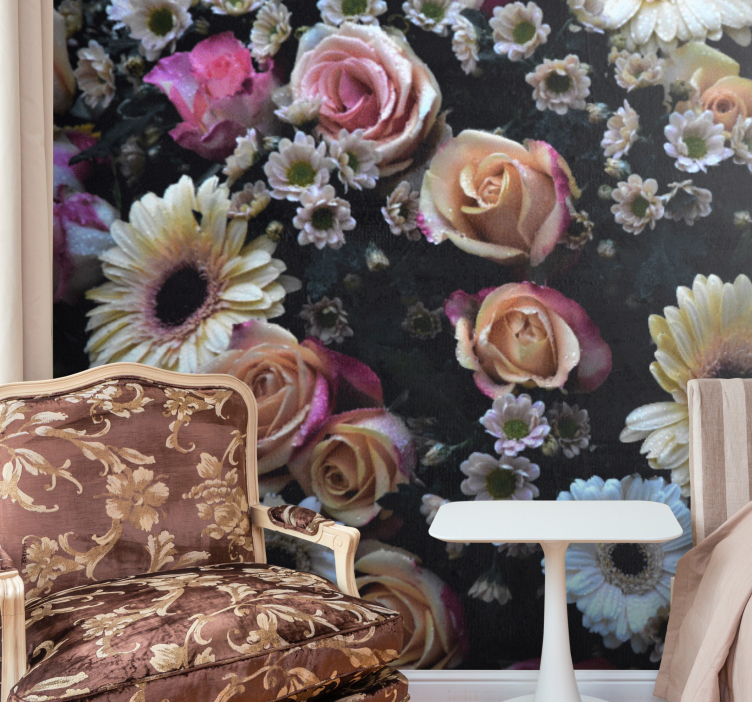 Mural de pared flores rosas y margaritas - TenVinilo