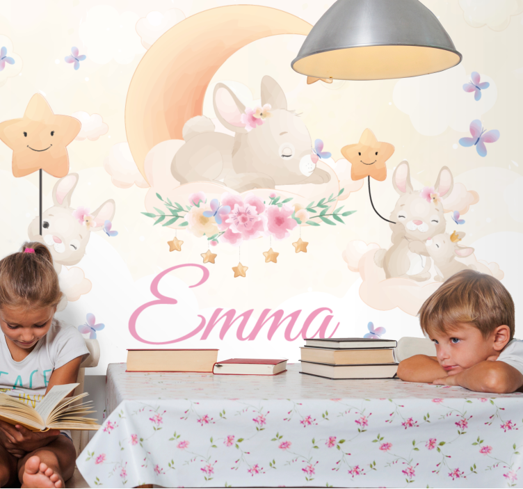 Mural de pared infantil conejo luna estrellas - TenVinilo