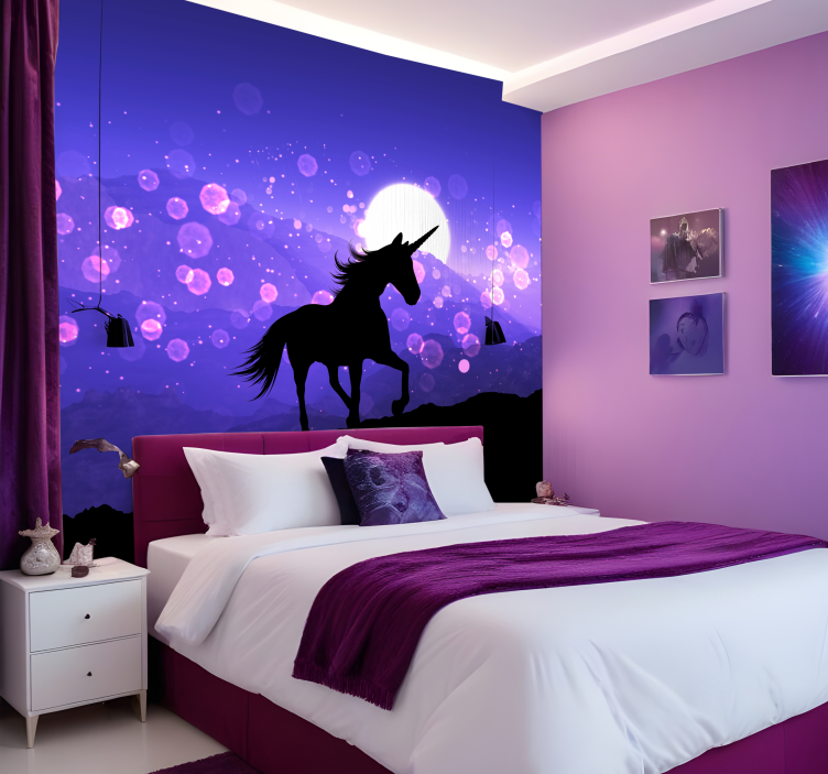 Mural infantil pared de caballo de noche lila - TenVinilo