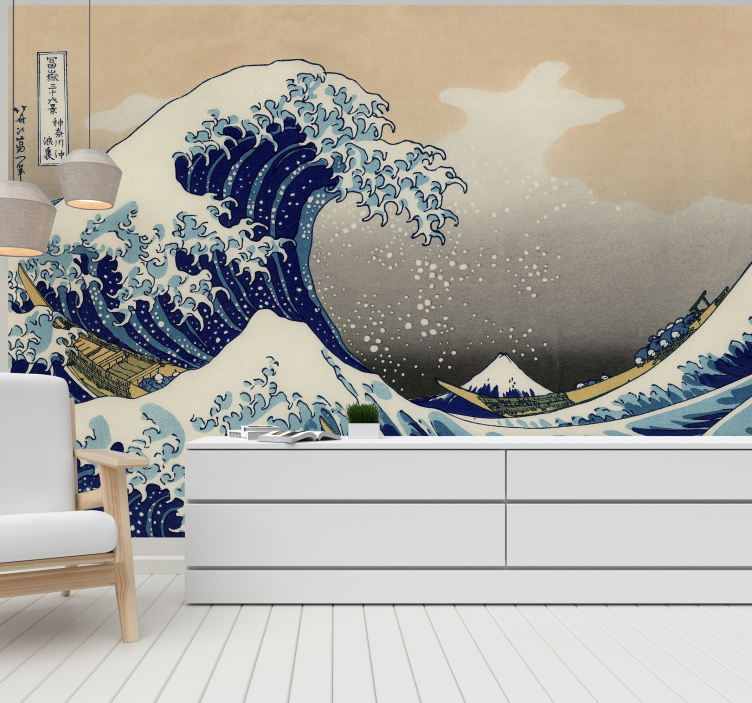 Papel pintado salón mural arte clásico de ola de Hokusai - TenVinilo