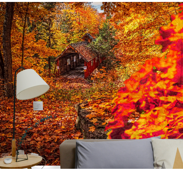 Papel pintado paisaje cabaña de otoño - TenVinilo
