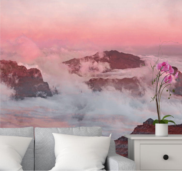 Papel pintado paisaje nubes rosadas montañosas - TenVinilo