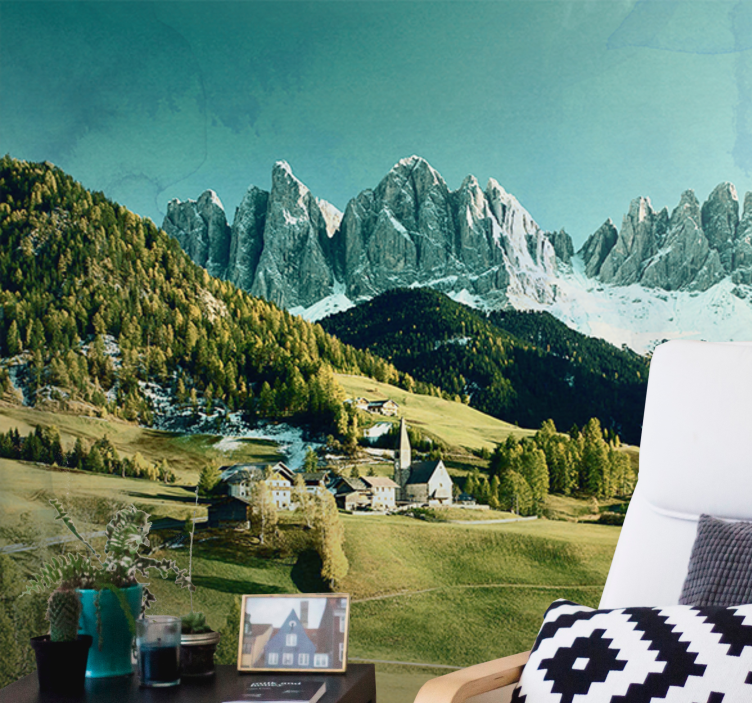 Papel pintado paisaje pueblo de montaña - TenVinilo