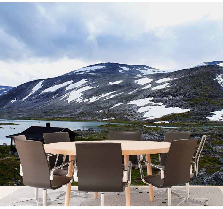 Papel pintado paisaje refugio en lago de montaña - TenVinilo