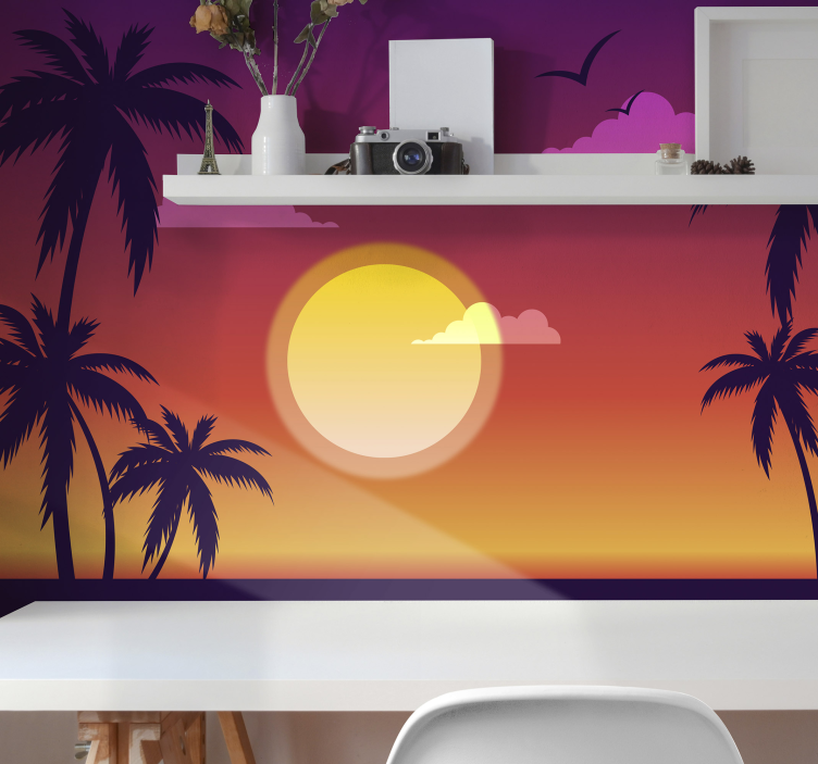 Papel pintado paisaje siluetas de atardeceres tropicales - TenVinilo