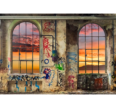 Papel pintado 3D ventanal graffiti industrial - TenVinilo