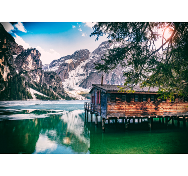 Papel pintado paisaje montaña lago Braies - TenVinilo