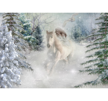 Mural infantil pared fantasía caballo galopando en nieve - TenVinilo
