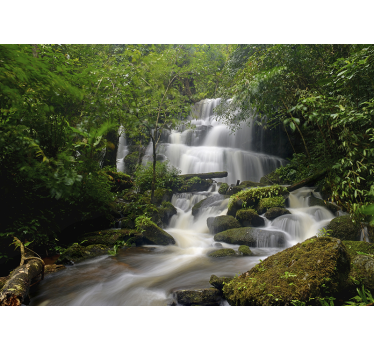 Papel pintado verde naturaleza bosque y cascada - TenVinilo