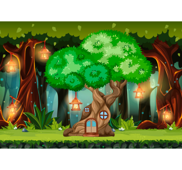 Mural infantil pared casa de árbol de fantasía con linternas - TenVinilo
