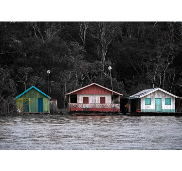 Papel pintado paisaje casas de río de colores - TenVinilo