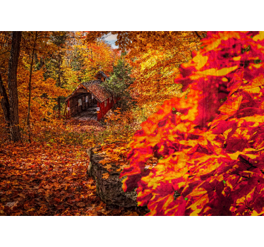 Papel pintado paisaje cabaña de otoño - TenVinilo