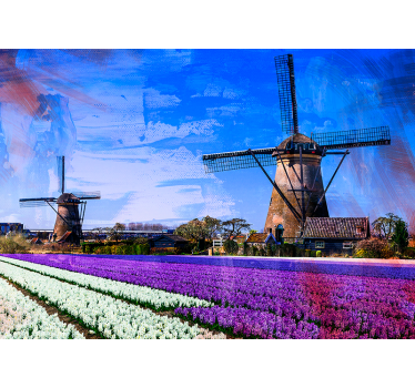 Fotomural ciudad molinos de viento en el campo de tulipanes - TenVinilo