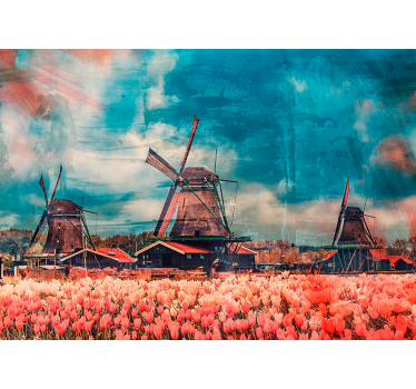 Fotomural ciudad campos de tulipanes y molinos de viento - TenVinilo