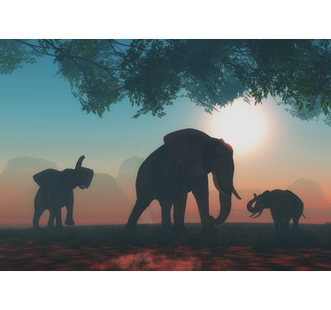 Fotomural animales siluetas de elefantes al anochecer - TenVinilo
