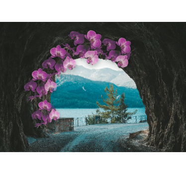 Mural de pared flores orquídeas enmarcando el paisaje - TenVinilo