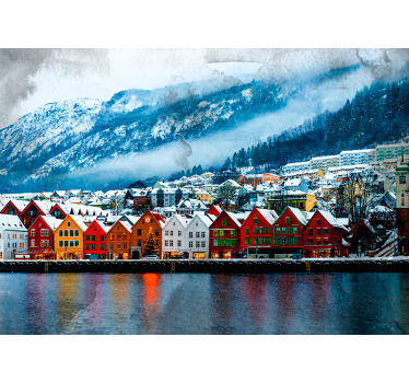 Fotomural ciudad cabañas coloridas en el lago - TenVinilo