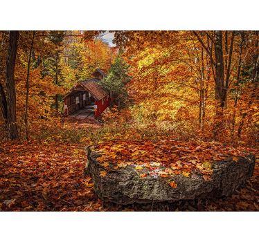 Papel pintado paisaje puente cubierto en otoño - TenVinilo