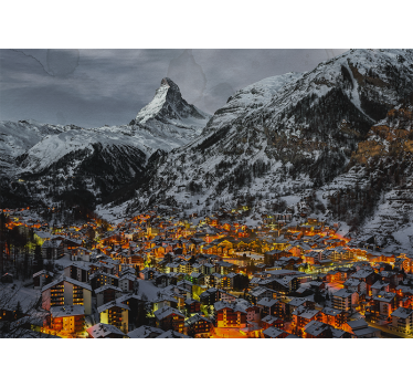Fotomural montañas pueblo alpino nevado - TenVinilo