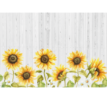 Mural de pared flores girasoles sobre textura de madera - TenVinilo