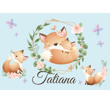 Mural de pared infantil linda familia de zorros con nombre - TenVinilo