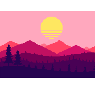 Papel pintado paisaje atardecer pixelado en montañas - TenVinilo
