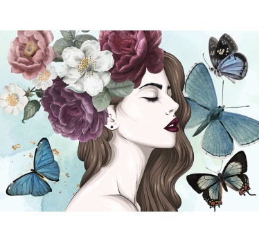 Mural de pared flores mujer con mariposas - TenVinilo