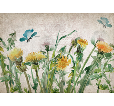 Mural de pared flores diente de león con mariposas - TenVinilo