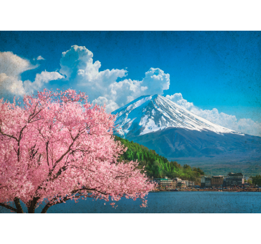 Papel pintado paisaje montañas y cerezos en flor - TenVinilo