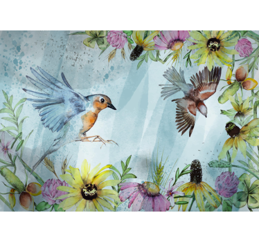 Mural para oficina pájaros florales coloridos - TenVinilo