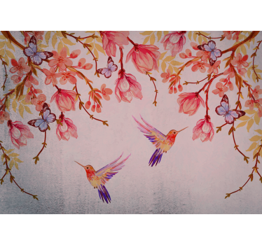 Mural de pared flores colibríes y flores - TenVinilo