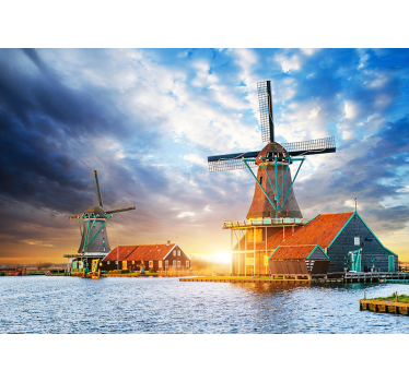 Fotomural de Ámsterdam atardecer en molino holandés - TenVinilo