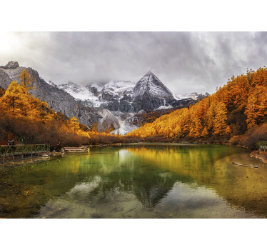 Papel pintado 3D lago con paisajes de montaña - TenVinilo