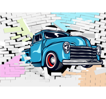 Fotomural coche antiguo cruzando pared ladrillo - TenVinilo