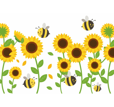Mural de pared flores girasoles alegres y abejas - TenVinilo