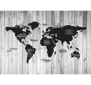 Mural mapamundi negro sobre madera gris - TenVinilo