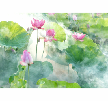 Papel pintado salón verde flores de loto - TenVinilo