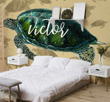 Papel pintado dormitorio tortuga marina con nombre - TenVinilo