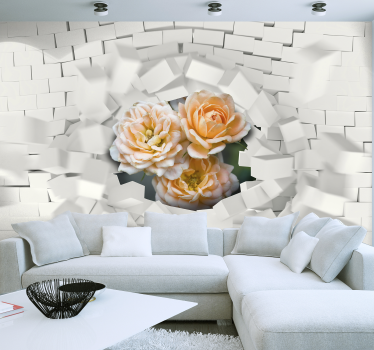 Papel pintado 3D explosión ladrillos con rosas - TenVinilo