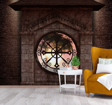 Papel pintado 3D ventana circular de piedra con foto - TenVinilo