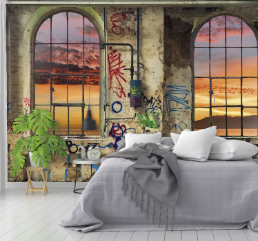 Papel pintado 3D ventanal graffiti industrial - TenVinilo
