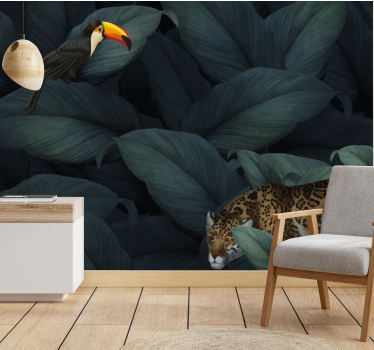 Fotomural animales aves tropicales y leopardos - TenVinilo