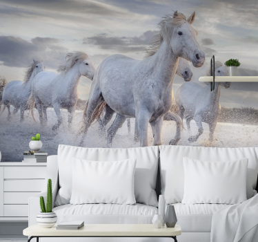 Fotomural animales caballos blancos corredores - TenVinilo