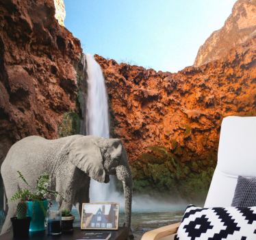 Fotomural animales elefante majestuoso y cascada - TenVinilo