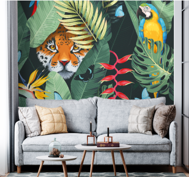 Fotomural animales tigre y loro - TenVinilo