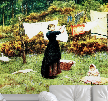 Fotomural arte clásico mujer colgando ropa - TenVinilo