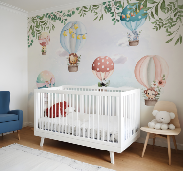 Fotomural bebé animales en globo aerostático - TenVinilo