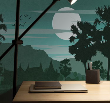 Fotomural bosque palmeras iluminadas por la luna - TenVinilo