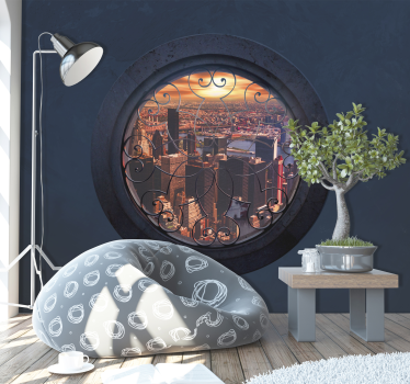 Papel pintado 3D ventana redonda vistas Nueva York - TenVinilo